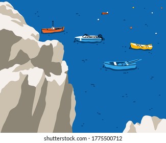 Edge of a cliff above the sea with colorful fishing boats, bright and beautiful summer vector illustration