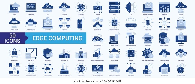 Edge Computing icon set with IOT, Latency, Real-time, Sensor, Data, AI, Machine Learning, Analytics, Cloud and Hybrid Cloud
