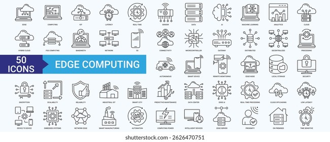 Edge Computing icon set with IOT, Latency, Real-time, Sensor, Data, AI, Machine Learning, Analytics, Cloud and Hybrid Cloud