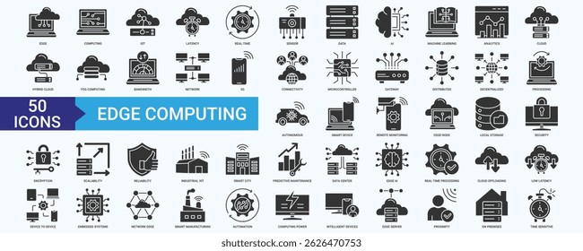 Edge Computing icon set with IOT, Latency, Real-time, Sensor, Data, AI, Machine Learning, Analytics, Cloud and Hybrid Cloud