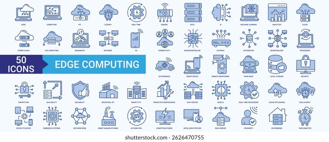 Edge Computing icon set with IOT, Latency, Real-time, Sensor, Data, AI, Machine Learning, Analytics, Cloud and Hybrid Cloud