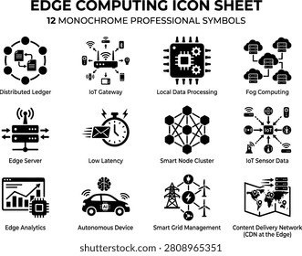 Edge Computing Icon Sheet, 12 Monochrome Icons IoT Gateway Fog Server Autonomous CDN Vector Pack