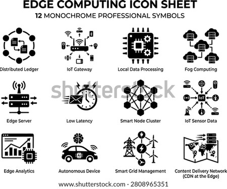Edge Computing Icon Sheet, 12 Monochrome Icons IoT Gateway Fog Server Autonomous CDN Vector Pack