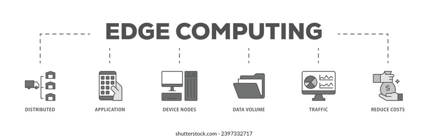 Procesamiento de flujo de iconos de infografía de computación perimetral que consiste en computación distribuida, aplicaciones, nodos de dispositivos, volumen de datos, tráfico y reducción de costos icono de recorrido activo y fácil de editar