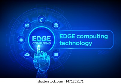 Edge computing modern IT technology on virtual screen concept. Edge computing industry 4.0 concept. Internet of things. Robotic hand touching digital interface. Vector illustration.