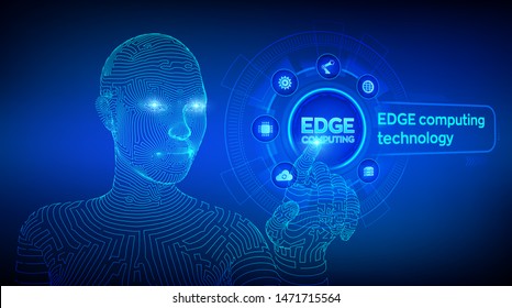 Edge computing modern IT technology on virtual screen concept. Edge computing industry 4.0 concept. Internet of things. Wireframed cyborg hand touching digital interface. Vector illustration.