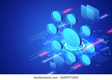 Computação de ponta em fábrica inteligente. Processamento de dados descentralizado, integração de IoT, análise em tempo real e conectividade em nuvem para sistemas avançados de automação industrial. Ilustração de vetor isométrico