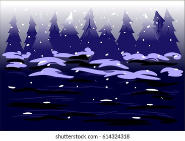 the edge of the coniferous forest in winter in the snowfall at night