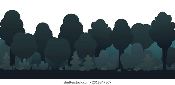 Edge of dense forest. Night landscape nature. Discreet dark twilight. Horizon illustration. Cartoon fun style. Flat design. Isolated on white background. Vector