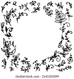 the edge of the doodle plants frame. empty circle for text, border with doodles twigs with leaves with rounded edges around black color for square design template