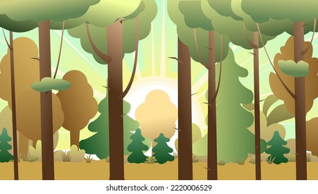 Edge of forest. Green autumn landscape with plants. Cartoon fun style. Flat design. Vector