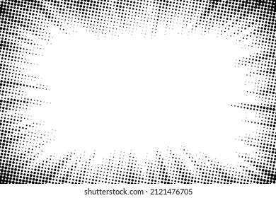 Edge frame. Halftone cartoon border. Pop art dot. Attention pattern. Faded attention texture. Black line isolated on white background. Concentration lines design. Grunge dots zoom. Vector illustration
