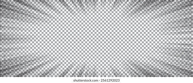 Edge frame. Halftone cartoon border. Pop art dot. Attention pattern. Faded attention texture. Black line isolated on white background. Concentration lines design. Grunge dots zoom.