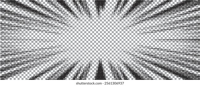 Edge frame. Halftone cartoon border. Pop art dot. Attention pattern. Faded attention texture. Black line isolated on white background. Concentration lines design. Grunge dots zoom.