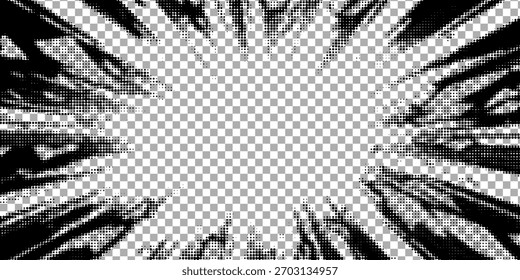 Edge frame. Halftone cartoon border. Pop art dot. Attention pattern. Faded attention texture. Black line isolated on white background. Concentration lines design. Grunge dots zoom.