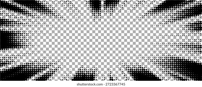 Marco de borde. Borde de dibujos animados de medio tono. Pop art dot. Patrón de atención. Textura de atención descolorida. Línea negra aislada sobre fondo blanco. Diseño de líneas de concentración. Zoom de puntos Grunge.