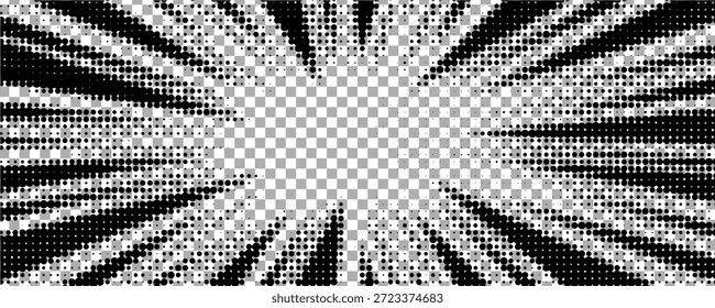 Marco de borde. Borde de dibujos animados de medio tono. Pop art dot. Patrón de atención. Textura de atención descolorida. Línea negra aislada sobre fondo blanco. Diseño de líneas de concentración. Zoom de puntos Grunge.