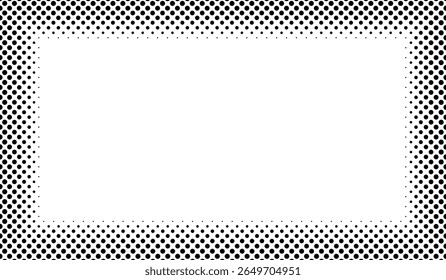 Randframe. Halftone fade comic border. Pop art dot. Screenstone fading pattern. Vervaagde hoektextuur. Zwart vervaagt lijn geïsoleerd op een witte achtergrond. Gradatie gradiënt ontwerp. Vectorillustratie