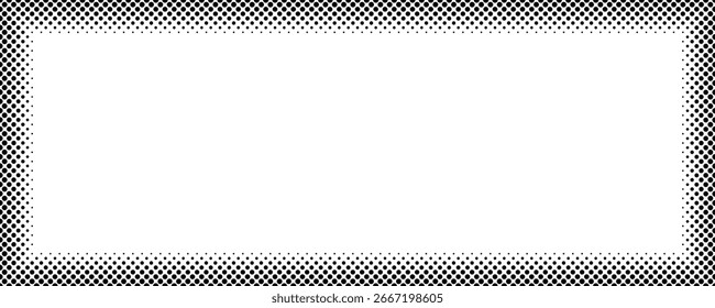 Edge frame. Halftone fade comic border. Pop art dot. Screentone fading pattern. Faded corner texture. Black fades line isolated on white background. Gradation gradient design. Vector illustration