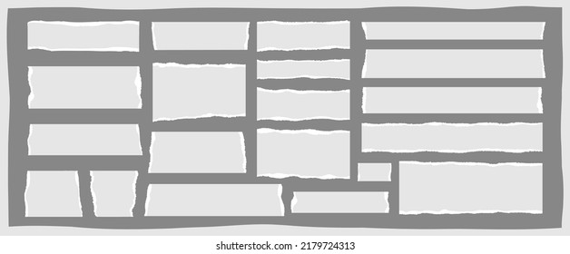 Fondo de cabecera de cartón de grunge perimetral, papel roto en blanco, chatarra de periódico rota rectangular, tira de página lacrimógena blanca, nota de bloc de notas aislada de rasgado, conjunto de ilustraciones vectoriales.