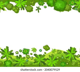 Edge of jungle forest. Top view of the landscape from a height. Green summer scenery with trees. Isolated on white background. Seamless illustration in flat style. Frame. Cartoon design. Vector.