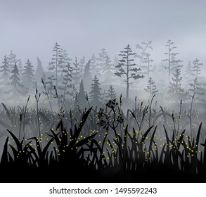The edge of magic forest with fireflies flying above the grass, beautiful clouds of mist and old trees. Vector silhouette fairy illustration.
