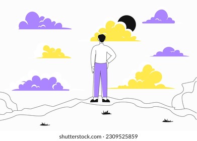 Edge mountain cliff concept. Man stands on beautiful natural landscape. Hiking and camping, expidition. Rest and leisure on nature, freedom and independent. Linear flat vector illustration