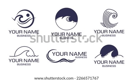 Edge ocean waves, marine logos. Sea water and sky, crushing sun, water spray and surf coast symbols. Business company name, emblem with liquid splashes. Vector current line pictograms set