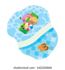 edge of pool with mattress float and sandals scene