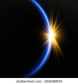 The edge of the solar eclipse on a transparent black background, blue and gold color. Saturn. Blue eclipse for product advertising, natural phenomena, horror concept and others.
