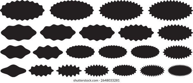 edge square and circle shapes, Zig zag Wavy Edge Rectangle Shapes Set. Sale sticker. Circle tag. Zigzag rounded shape collection. Vector illustrations set isolated on white background,	
