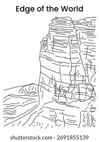 Edge of the World Riyadh cliff vertical line art drawing showing steep rock wall and dramatic Saudi desert formation