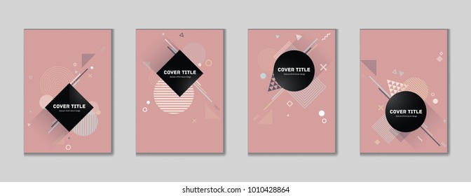 Edged memphis cover collection vector with white, beige, blue and grey geometrical shapes on red background. Variegated first page cover kit. Colorful memphis style illustration for corporate purpose.