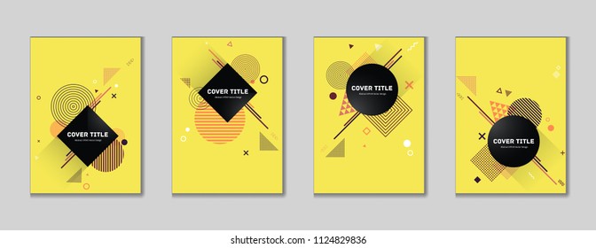 Edged memphis cover collection vector with white, and geometrical shapes on background. Variegated first page cover set. Colorful memphis style background for marketing purpose.