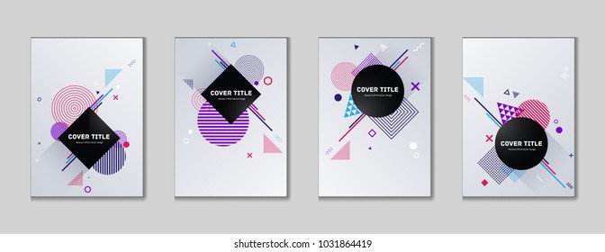 Edged memphis cover kit. Cool memphis texture front page set with white, violet, red, cyan and blue shapes, isolated on light background. Memphis style cover backdrop set for corporate purpose.