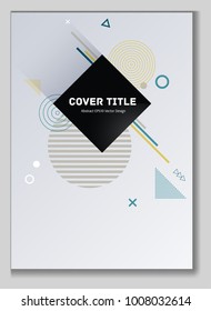 Edged memphis design placard pattern with white, brown and yellow shapes. Cool memphis template placard page. Front page cover for corporate notebook, dairy or notepad.