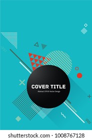 Edged memphis design placard pattern with white, orange and green shapes on cyan background. Cool memphis template placard page. Front page background for college notebook, dairy or notepad.