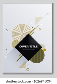 Edged memphis front cover background with white, brown and sandy orange geometrical shapes. Minimalistic front page template. Colorful title page illustration for student notebook, dairy or notepad.