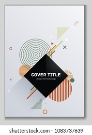 Edged memphis front cover background with white geometrical shapes. Minimalistic front page theme. Colorful title page backdrop for corporate notebook, dairy or notepad.