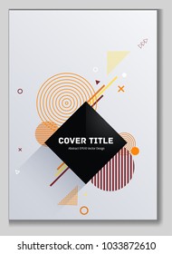 Edged memphis front cover vector with white, orange, yellow and cherry red geometrical shapes. Minimalistic front page texture. Colorful title page background for business notebook, dairy or notepad.