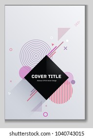 Edged memphis front cover vector with white, violet, purple, magenta and pink geometrical shapes. Minimalistic front page template. Title page graphic design for college notebook, dairy or notepad.