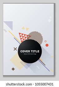 Edged memphis neo pattern with white, orange, yellow, blue and brown geometrical shapes. Minimalistic front page template. Colorful memphis neo style backdrop for advertisment purpose.