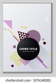 Edged memphis neo pattern with white geometrical shapes. Minimalistic front page template. Colorful memphis neo style background for personal purpose.
