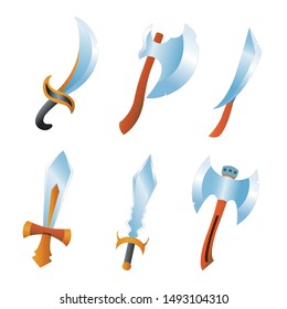 Edged weapons in fantasy style. Set of swords and axes. Cartoon style.