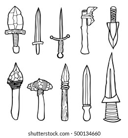 Edged weapons set. Cold steel arms. Collection of military weapons: swords, axes, knives, kunai, shuriken, mace. Vector illustration, Hand drawn, black and white image