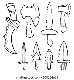 Edged weapons set. Cold steel arms. Collection of military weapons: swords, axes, knives, kunai, shuriken, mace. Vector illustration, Hand drawn, black and white image