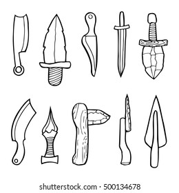 Edged weapons set. Cold steel arms. Collection of military weapons: swords, axes, knives, kunai, shuriken, mace. Vector illustration, Hand drawn, black and white image