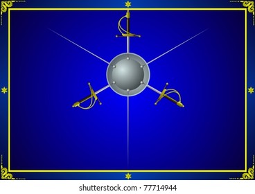 Edged weapons. The three crossed swords and a shield on a blue background with a pattern.