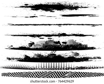 Edges Vector Set . Design Elements . Curved Grunge Borders , Dividers or Brush Strokes . Black bulge lines . stripes with  grunge effects