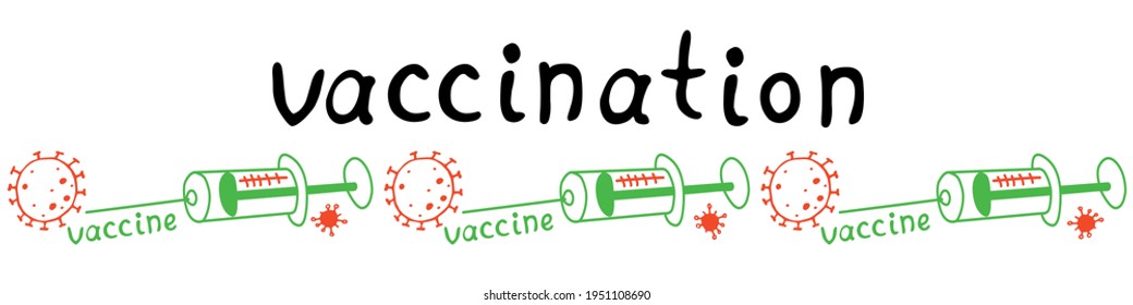 Edging, border, line of horizontal pattern on theme of vaccination. Contour molecules, coronavirus cells and a vaccine syringes. Vector decorative element for medical design in doodle style